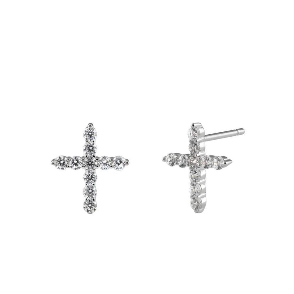 Dazzling Chic Solid Sterling Silver Cross CZ Stud Earrings New
